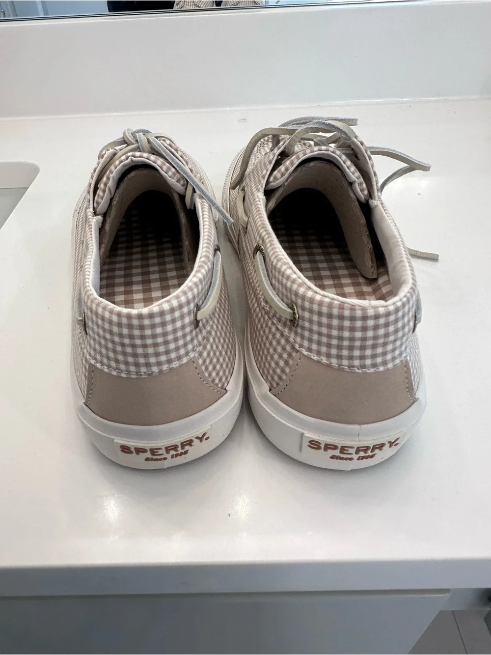 Sperry Tan Gingham Canvas Boat Shoes mens